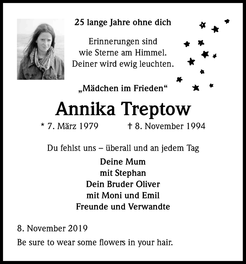  Traueranzeige für Annika Treptow vom 08.11.2019 aus Kölner Stadt-Anzeiger / Kölnische Rundschau / Express