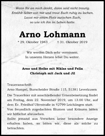 Anzeige von Arno Lohmann von Kölner Stadt-Anzeiger / Kölnische Rundschau / Express