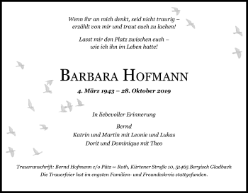Anzeige von Barbara Hofmann von Kölner Stadt-Anzeiger / Kölnische Rundschau / Express