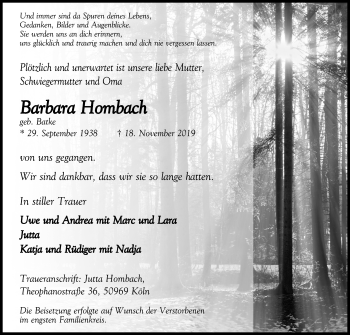 Anzeige von Barbara Hombach von Kölner Stadt-Anzeiger / Kölnische Rundschau / Express