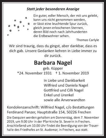 Anzeige von Barbara Nagel von  Wochenende 