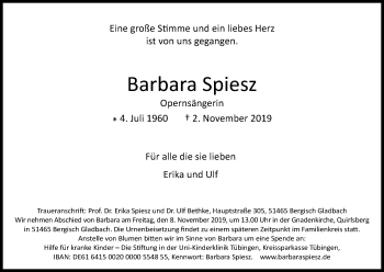 Anzeige von Barbara Spiesz von Kölner Stadt-Anzeiger / Kölnische Rundschau / Express