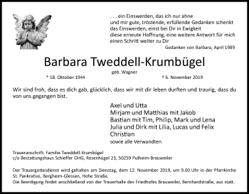 Anzeige von Barbara Tweddell-Krumbügel von Kölner Stadt-Anzeiger / Kölnische Rundschau / Express