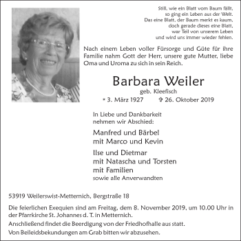 Anzeige von Barbara Weiler von  Blickpunkt Euskirchen 