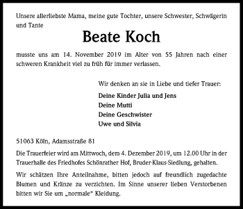 Anzeige von Beate Koch von Kölner Stadt-Anzeiger / Kölnische Rundschau / Express