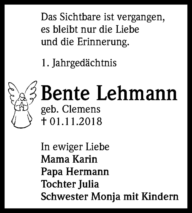  Traueranzeige für Bente Lehmann vom 02.11.2019 aus Kölner Stadt-Anzeiger / Kölnische Rundschau / Express