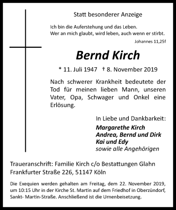 Anzeige von Bernd Kirch von  Kölner Wochenspiegel 