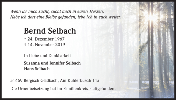 Anzeige von Bernd Selbach von Kölner Stadt-Anzeiger / Kölnische Rundschau / Express