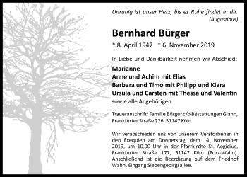 Anzeige von Bernhard Bürger von  Kölner Wochenspiegel 