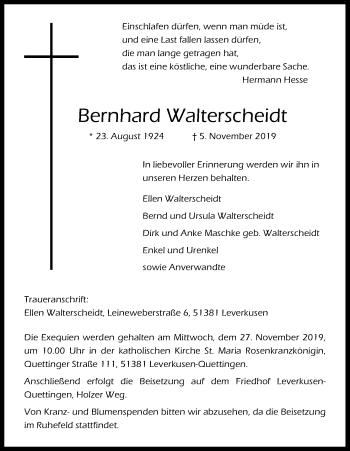 Anzeige von Bernhard Walterscheidt von Kölner Stadt-Anzeiger / Kölnische Rundschau / Express