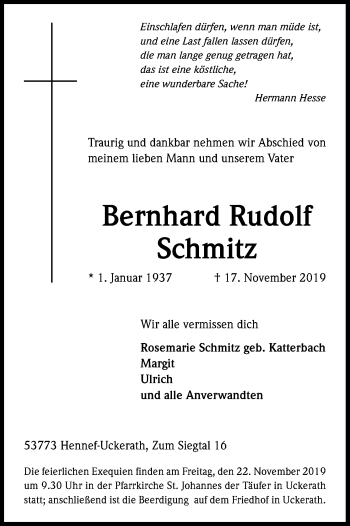 Anzeige von Bernhard Rudolf Schmitz von Kölner Stadt-Anzeiger / Kölnische Rundschau / Express
