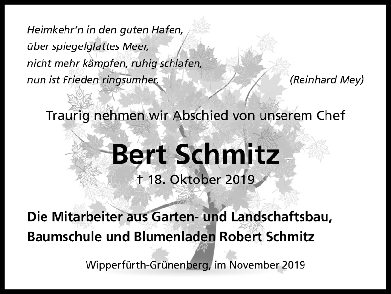  Traueranzeige für Bert Schmitz vom 02.11.2019 aus Kölner Stadt-Anzeiger / Kölnische Rundschau / Express
