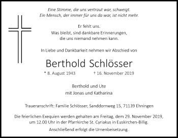 Anzeige von Berthold Schlösser von Kölner Stadt-Anzeiger / Kölnische Rundschau / Express