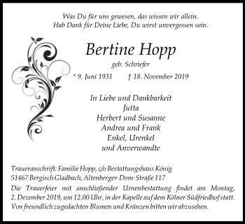 Anzeige von Bertine Hopp von Kölner Stadt-Anzeiger / Kölnische Rundschau / Express