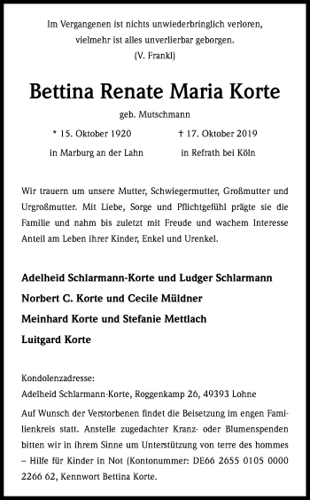 Anzeige von Bettina Renate Maria Korte von Kölner Stadt-Anzeiger / Kölnische Rundschau / Express