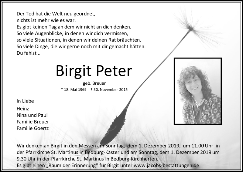  Traueranzeige für Birgit Peter vom 30.11.2019 aus Kölner Stadt-Anzeiger / Kölnische Rundschau / Express