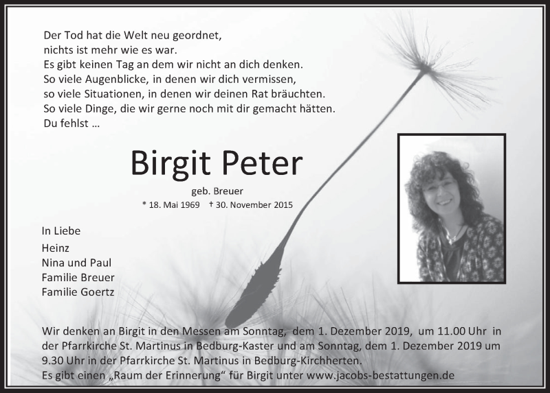  Traueranzeige für Birgit Peter vom 27.11.2019 aus  Werbepost 