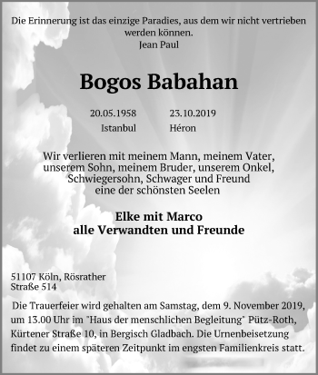 Anzeige von Bogos Babahan von Kölner Stadt-Anzeiger / Kölnische Rundschau / Express