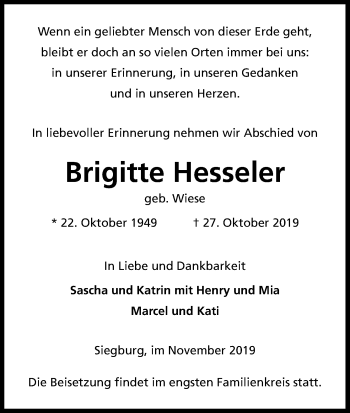 Anzeige von Brigitte Hesseler von Kölner Stadt-Anzeiger / Kölnische Rundschau / Express