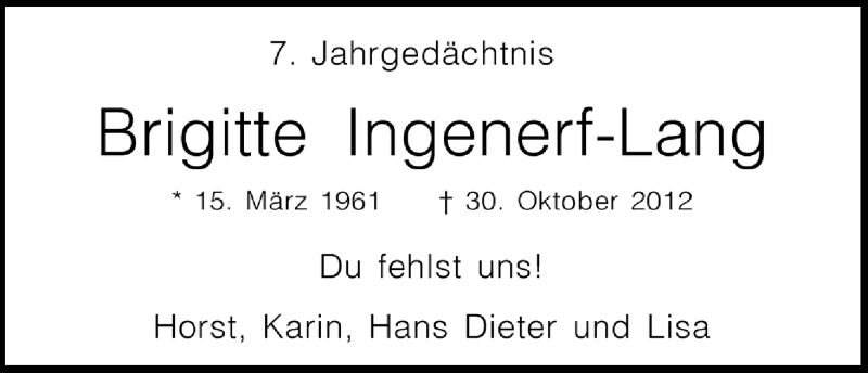  Traueranzeige für Brigitte Ingenerf-Lang vom 02.11.2019 aus Kölner Stadt-Anzeiger / Kölnische Rundschau / Express