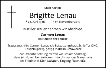 Anzeige von Brigitte Lenau von Kölner Stadt-Anzeiger / Kölnische Rundschau / Express