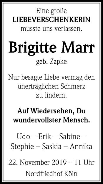 Anzeige von Brigitte Marr von Kölner Stadt-Anzeiger / Kölnische Rundschau / Express