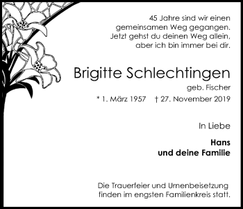 Anzeige von Brigitte Schlechtingen von Kölner Stadt-Anzeiger / Kölnische Rundschau / Express