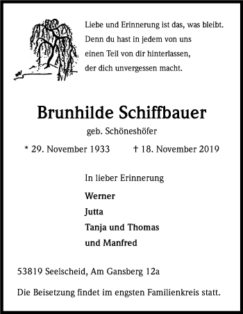 Anzeige von Brunhilde Schiffbauer von Kölner Stadt-Anzeiger / Kölnische Rundschau / Express
