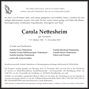Anzeige von Carola Nettesheim von  Wochenende 