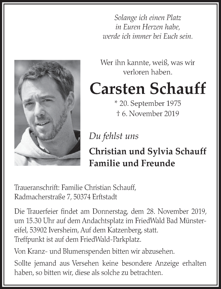  Traueranzeige für Carsten Schauff vom 16.11.2019 aus  Sonntags-Post 