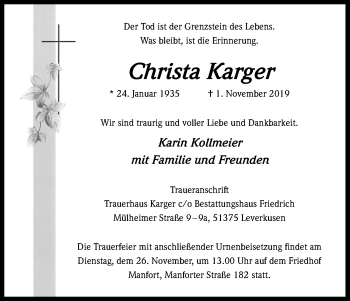 Anzeige von Christa Karger von Kölner Stadt-Anzeiger / Kölnische Rundschau / Express