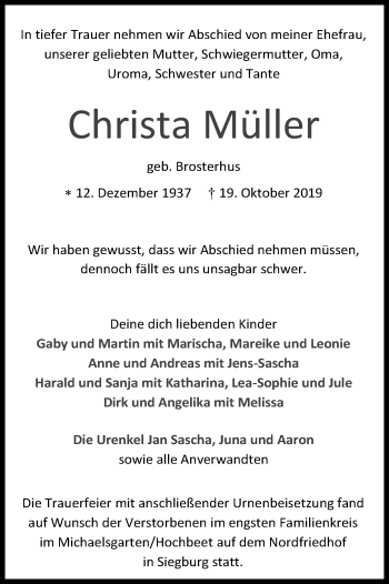 Anzeige von Christa Müller von Kölner Stadt-Anzeiger / Kölnische Rundschau / Express