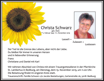 Anzeige von Christa Schwarz von  Sonntags-Post 