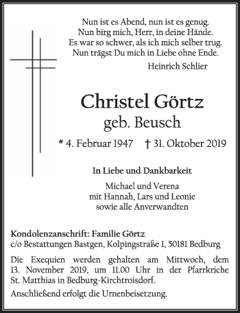 Anzeige von Christel Görtz von  Sonntags-Post 