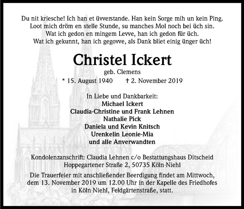  Traueranzeige für Christel Ickert vom 09.11.2019 aus Kölner Stadt-Anzeiger / Kölnische Rundschau / Express