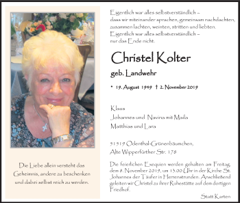 Anzeige von Christel Kolter von Kölner Stadt-Anzeiger / Kölnische Rundschau / Express