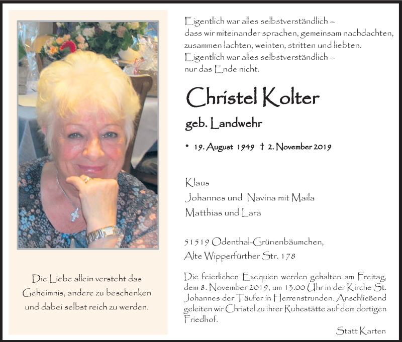  Traueranzeige für Christel Kolter vom 06.11.2019 aus Kölner Stadt-Anzeiger / Kölnische Rundschau / Express