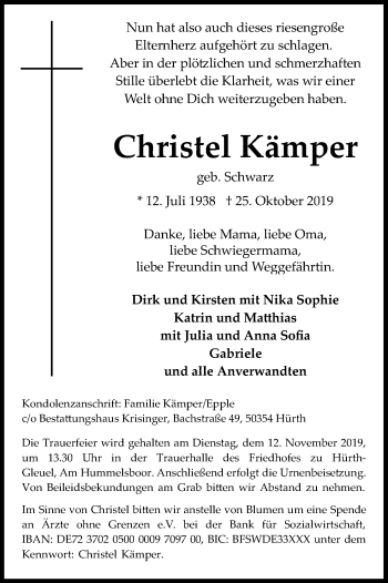 Anzeige von Christel Kämper von Kölner Stadt-Anzeiger / Kölnische Rundschau / Express