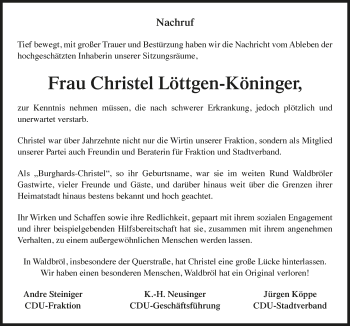 Anzeige von Christel Löttgen-Köninger von  Lokalanzeiger 