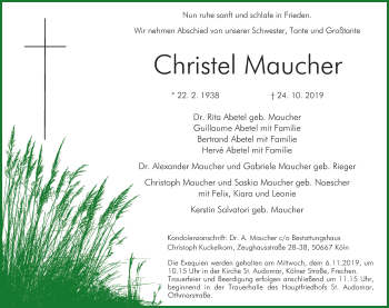 Anzeige von Christel Maucher von Kölner Stadt-Anzeiger / Kölnische Rundschau / Express