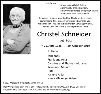 Anzeige von Christel Schneider von  Lokalanzeiger 