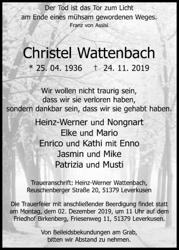 Anzeige von Christel Wattenbach von Kölner Stadt-Anzeiger / Kölnische Rundschau / Express