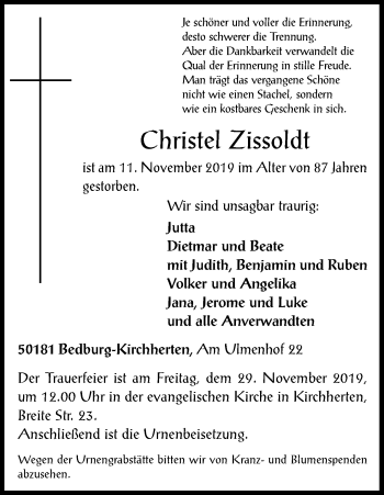 Anzeige von Christel Zissoldt von Kölner Stadt-Anzeiger / Kölnische Rundschau / Express
