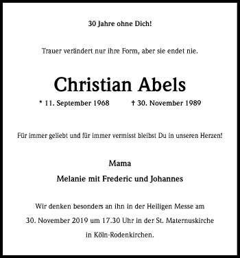 Anzeige von Christian Abels von Kölner Stadt-Anzeiger / Kölnische Rundschau / Express