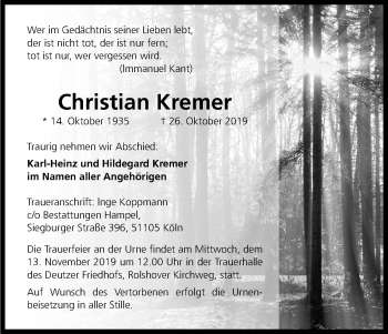 Anzeige von Christian Kremer von Kölner Stadt-Anzeiger / Kölnische Rundschau / Express