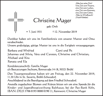 Anzeige von Christine Mager von  Schlossbote/Werbekurier 