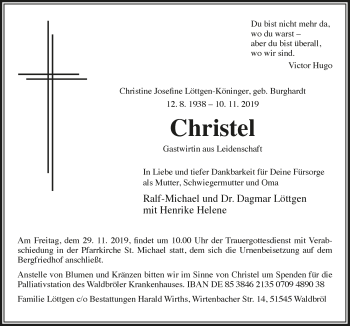 Anzeige von Christine Josefine Löttgen-Köninger von  Lokalanzeiger 