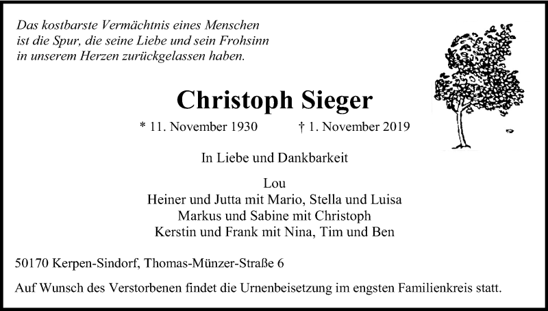  Traueranzeige für Christoph Sieger vom 09.11.2019 aus Kölner Stadt-Anzeiger / Kölnische Rundschau / Express