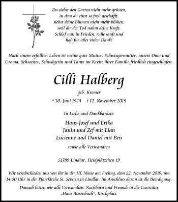 Anzeige von Cilli Halberg von Kölner Stadt-Anzeiger / Kölnische Rundschau / Express