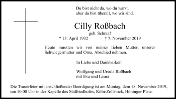 Anzeige von Cilly Roßbach von Kölner Stadt-Anzeiger / Kölnische Rundschau / Express